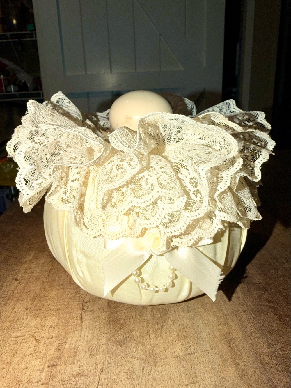 Vintage Lace & Satin Vanity Jar/Powder Puff Container 4.5x5